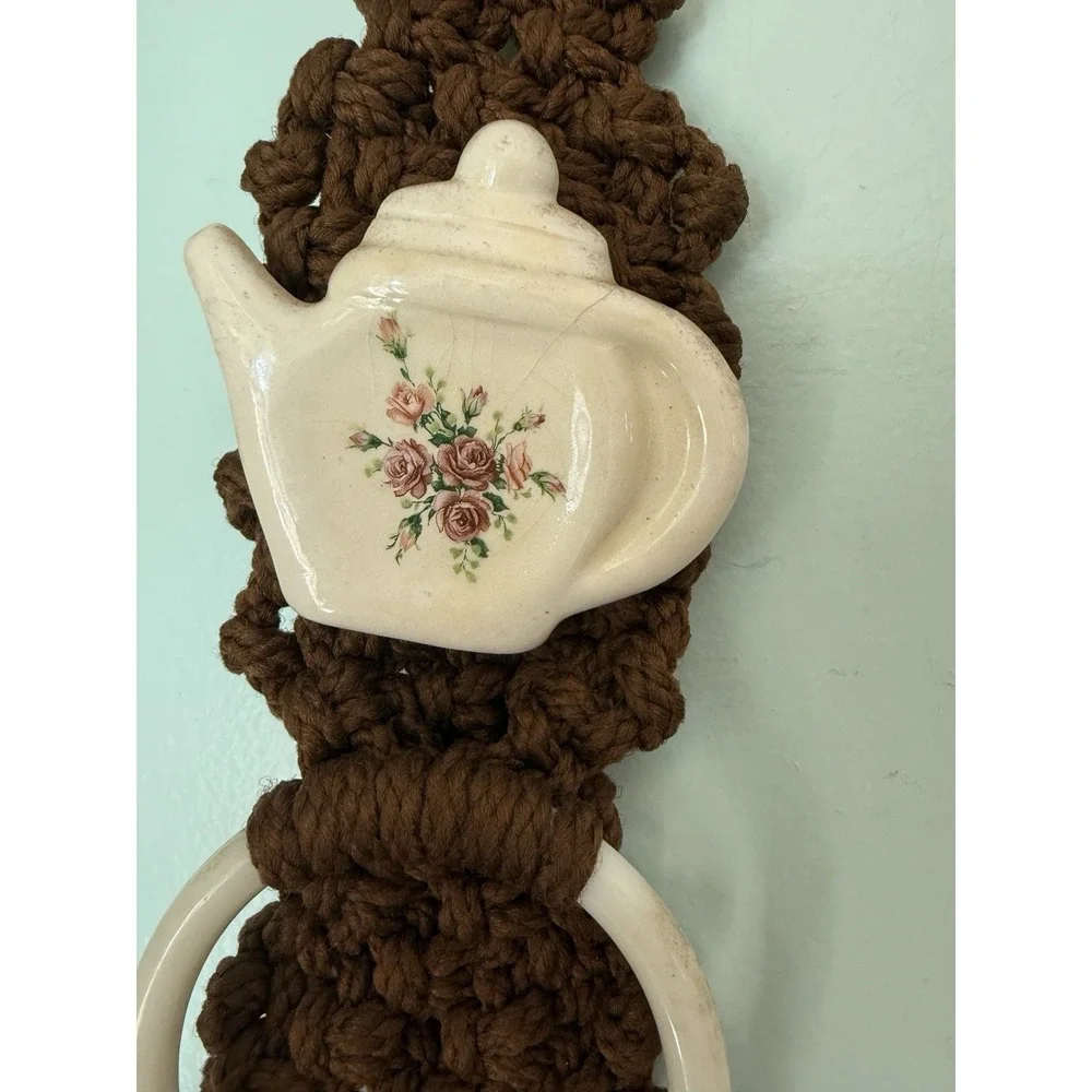 Vtg Handmade MACRAME Wall Hanging Decoration on Teapot Grandmacore Towel